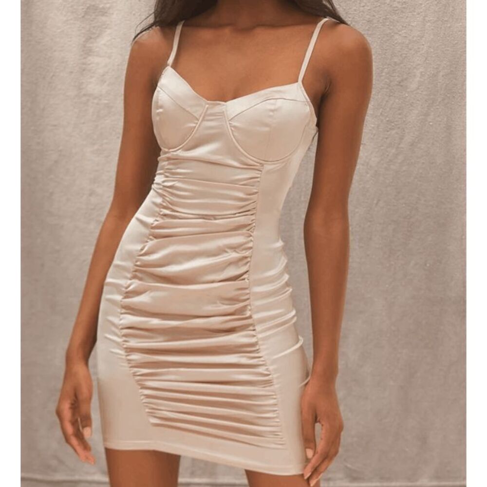 Lulus A Lot of Allure Champagne Satin Ruched Bustier Bodycon Dress Size Small